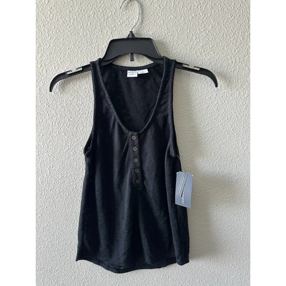 Melrose & Market Women Tank Top Sleeveless V Neck Black Button Front - Picture 2 of 15